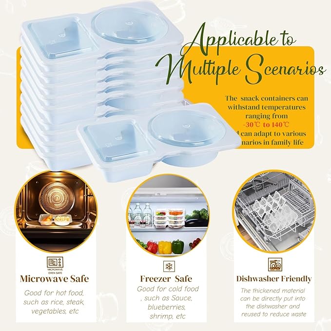 Snack Containers - Reusable 2 Compartment Condiment Containers with Lids for Take Out Sauce, Portion Control, Candies, Cookies (BLUE)