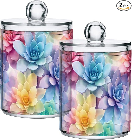 2 Pack Qtip Holder Organizer Dispenser Succulent Cactus Pattern Bathroom Storage Canister Cotton Ball Holder Container for Cotton Pads/Swabs/Floss