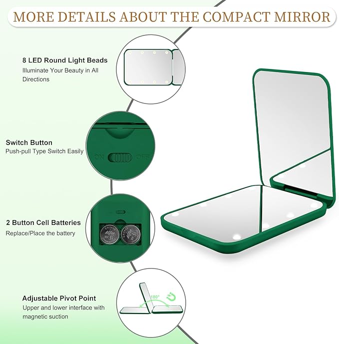 Kakuje Compact Mirror, 1X/3X Magnification LED Pocket Mirror with Nternal BIattery, Mini Mirror for Purse, Pocket,Travel and Present (Green)