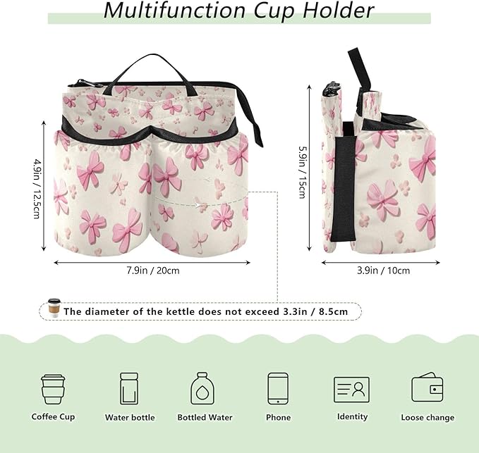 Luggage Cup Holder for Suitcases Free Hands Suitcase Cup Holder Travel Luggage Drink Holder Portable Luggage Cup Caddy Bag Carrier with Handle Pink Bow Cute