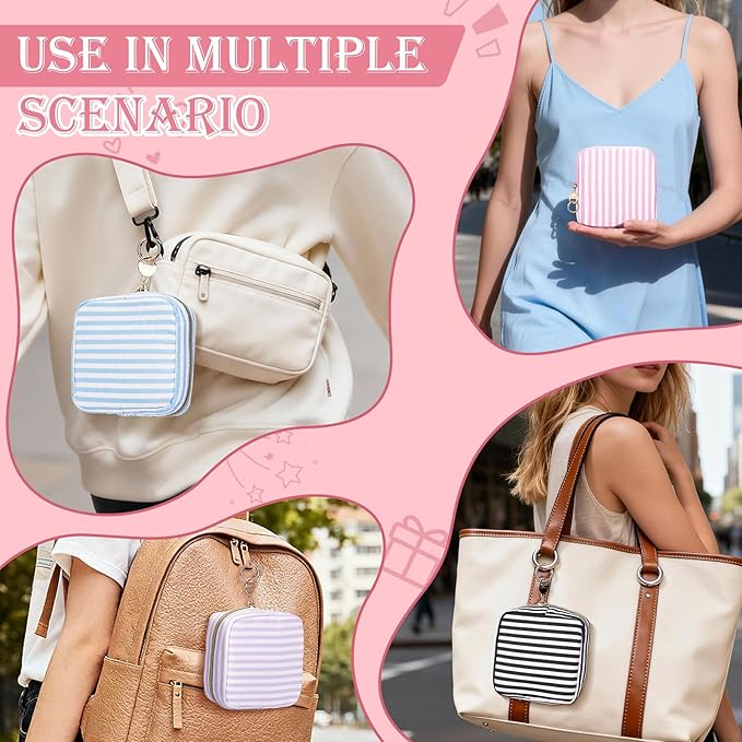 Stripes Period Bag, Small Period Pouches for Teen Girls, Quilted Sanitary Napkin Storage Bag, Compact Discreet Pad and Tampon Holder for Purse (Large Stripes-Black)