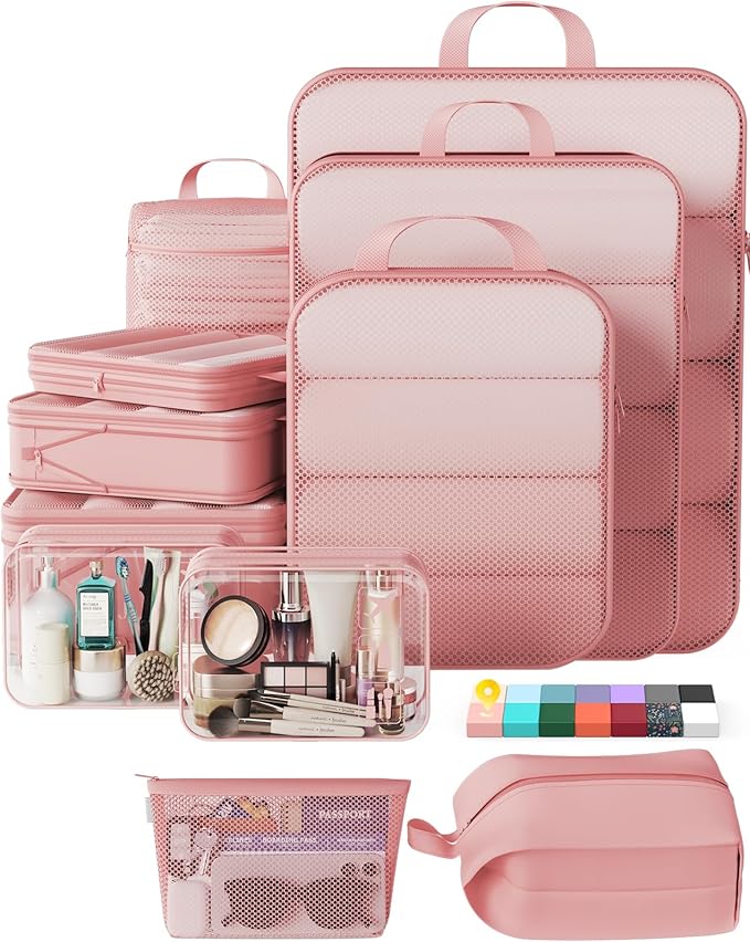 Veken 11 Set Compression Packing Cubes for Travel Essentials,Compressible Expandable Large Luggage Suitcase Organizer Bags for Clothing,Durable Space Saver Storage Bags with Toiletry Bags(Pink)