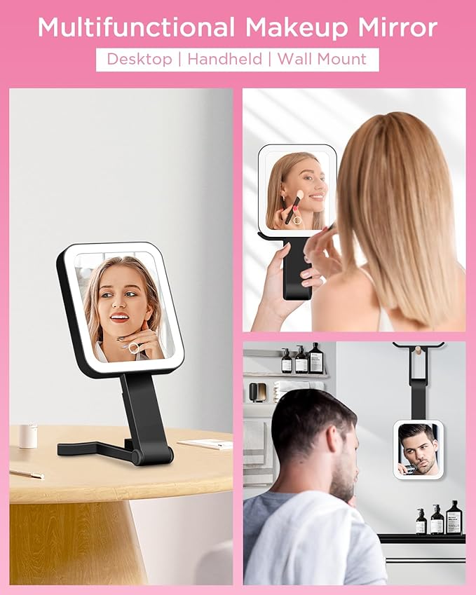 EAONE Magnifying Mirror with LED Light, Double Sided Travel Makeup Mirror 10X/1X with Storage Bag, 3 Color Lighting & Dimmable Touch Screen for Trip, Desk, Bathroom (10.3 x 5.2IN)- Black