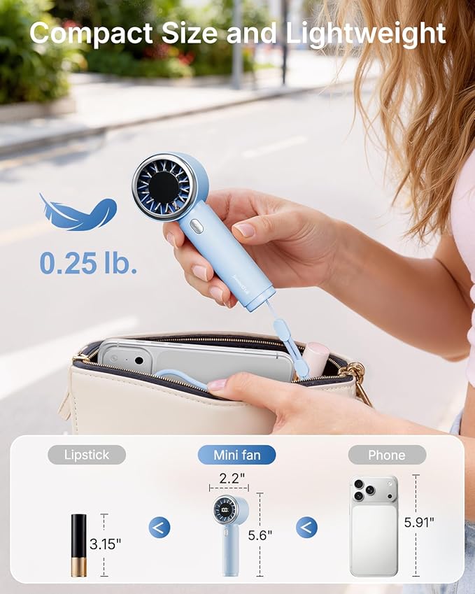 SWEETFULL Mini Fan Portable - Cute Handheld Turbo Fan with Rechargeable Battery, 5 Speeds, Small Hand Personal Travel Essentials for Women, Girls, Kids, Lash, Makeup - Light Blue