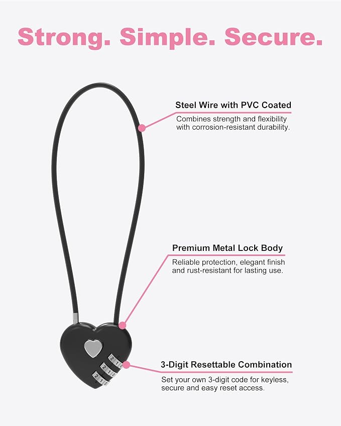 3 Digit Combination Lock Cable 1 ft, Combo Long Cable Lock with Code, Thin Wire Small Padlock Combination, for Travel Luggage, Backpack, Cabinet, Fridge Door, Bike Motorcycle Helmet