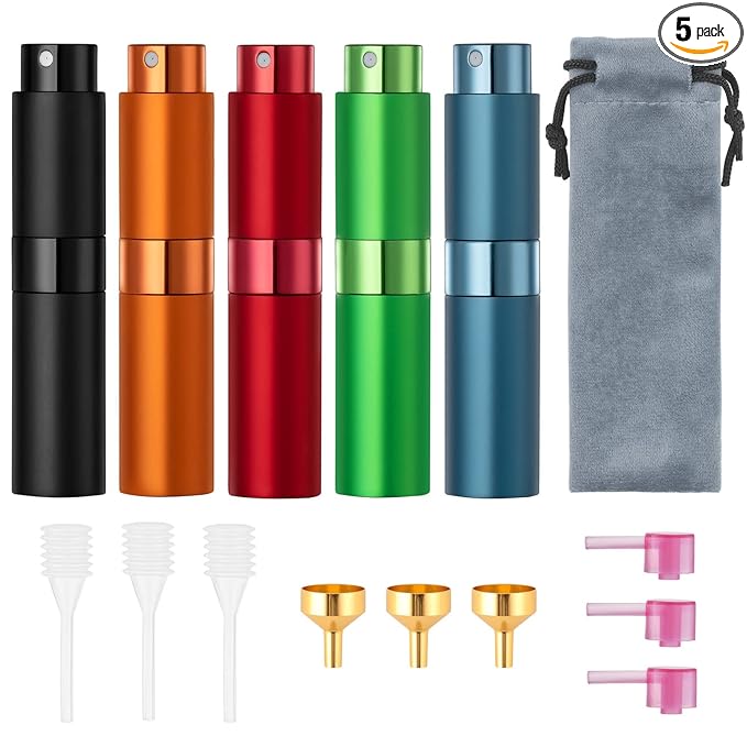 Tekson 5PCS 8ml Travel Perfume Atomizer Refillable, Mini Cologne Spray Bottle Empty, Small Aftershave Sprayer for Liquid Dispenser (Five Colors)