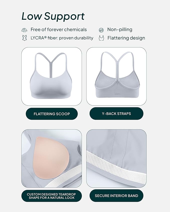 PAVOI ACTIVE Yoga Racerback Bras for Women - Buttery Soft Low Support Scoop Neck Y-Back Thin Strap Sports Bra - FlexFlow
