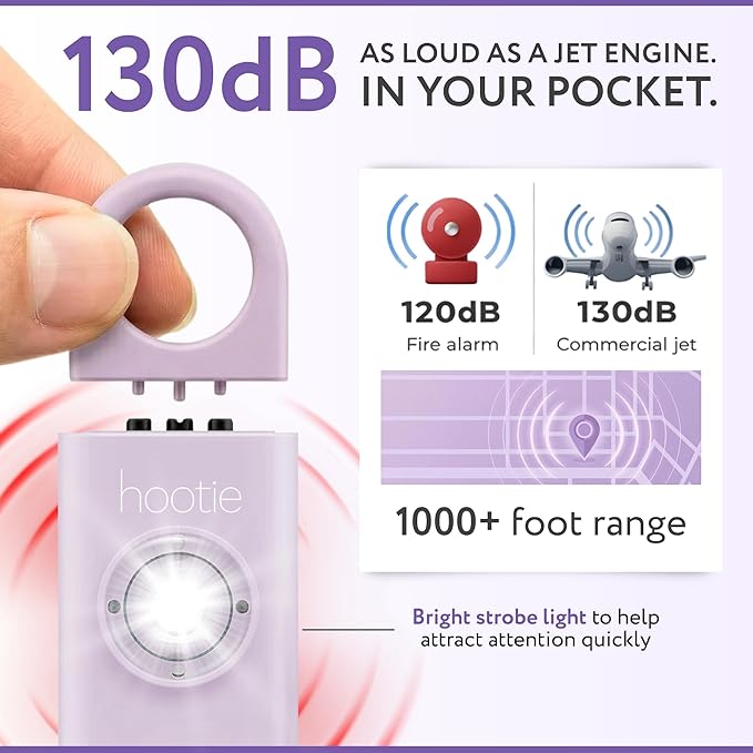 HOOTIE Personal Safety Alarm for Women, Men and Kids — 130dB Personal Alarm Keychain, Pull Pin Safety Alarm Keychain with Strobe Light, Self-Defense Alarm for Campus, Travel and Running — Lavender