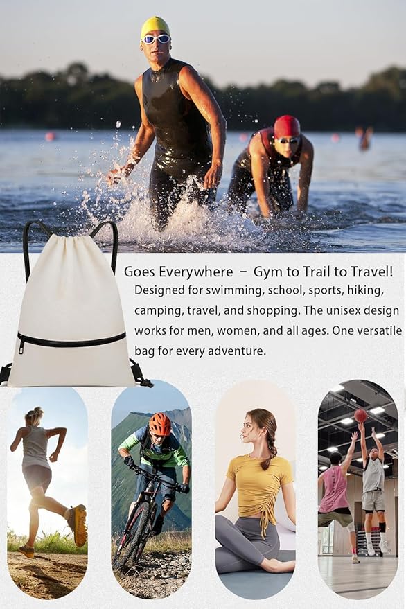 Large Drawstring Gym Bag Beach Backpack Waterproof - Customized Oversized Drawstring Beach Bag with Shoe Compartment for Toiletries, Towels, Gym, Travel(Beige,16.5 * 19 inches)