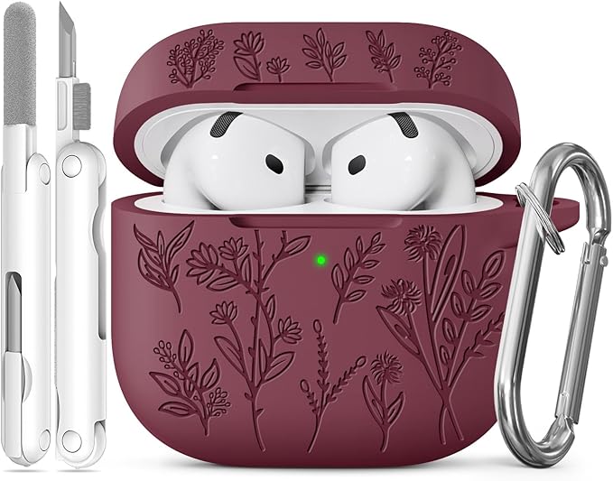 for Airpods 4 Case, Ekoonpft Flower Engraved Cases for Apple AirPods 4th Generation 2024, Soft Silicone Cover for Women Girly with 3-in-1 Cleaning Kit & Keychain, Anti-Scratch, Shockproof