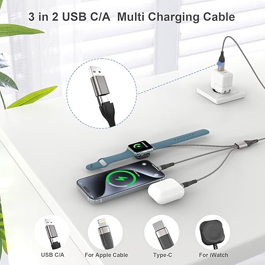 3 in 2 USB C Cable for Apple Watch Charger & iPhone 16/Galaxy - Fast Charging Multi Cable | 2FT Portable Travel Essentials (Compatible iWatch Ultra/SE/10-1, iPhone 11-16, S23-S25)
