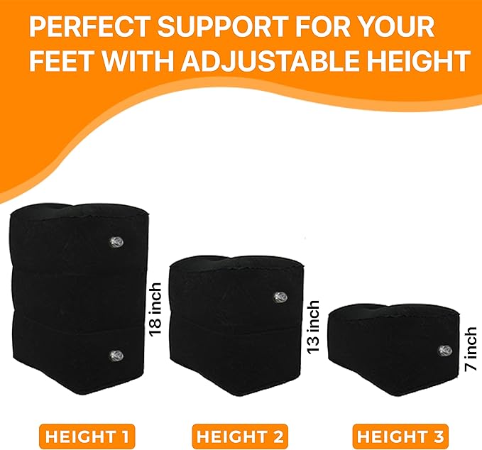 Inflatable Foot Rest Travel Pillow-Adjustable Height Airplane Footrest for Airplane Travel/Car/Train/Home/Office-Airplane Bed for Toddlers, Comfortable Seat Extender for Kids - Black, 2 Pack