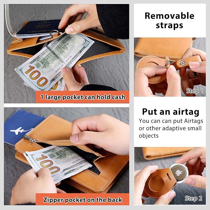 Passport wallets, Mulit-purpose RFID Blocking Passport Holder AirTag Wallet, Travel Wallet Cover Case（Brown）