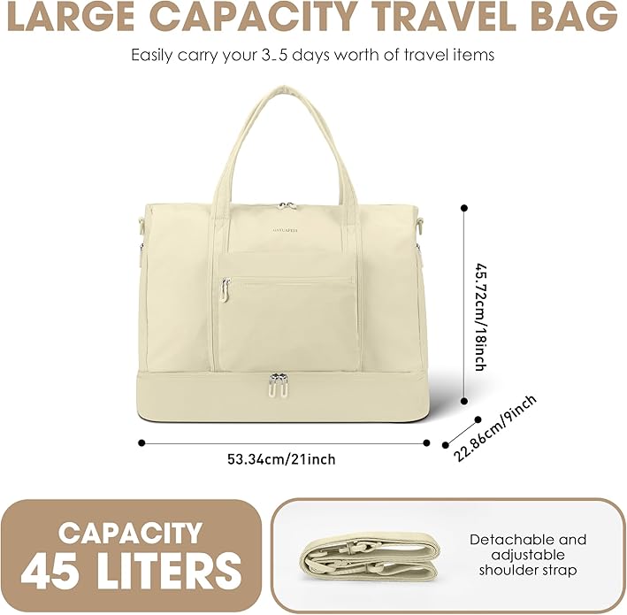 Women's Weekender bag Travel Duffel Bag with Shoe Compartment 21-inch Airline-Approved Carry-On, 2-Piece Overnight Bag Set Personal Item Luggage