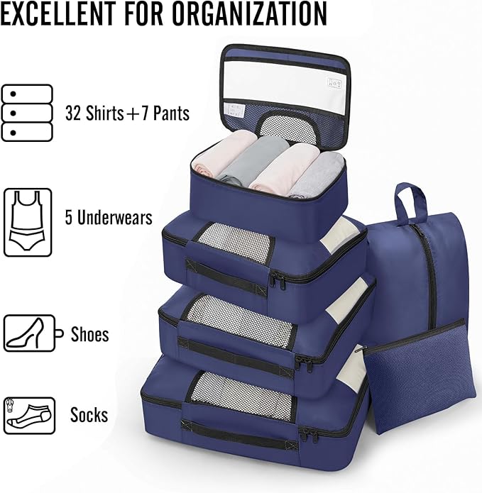Veken 8 Set Packing Cubes for Travel Essentials,Anti-Wrinkle Buckled Suitcase Organizer for Shoe & Toiletry Bag,Carry On Luggage Bag for Airplane & College Dorm Room Accessories,Women Men Gifts