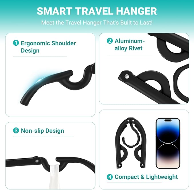 10 Pcs Travel Hangers, 2026 Cruise Ship Essentials, Foldable Plastic Hangers for Suitcase, Portable Travel Must Haves for RV Camping Hotel Europe Vacation (Black)