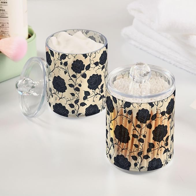 2 Pack Qtip Holder Organizer Dispenser Black Roses Tile Pattern Bathroom Storage Canister Cotton Ball Holder Container for Cotton Pads/Swabs/Floss