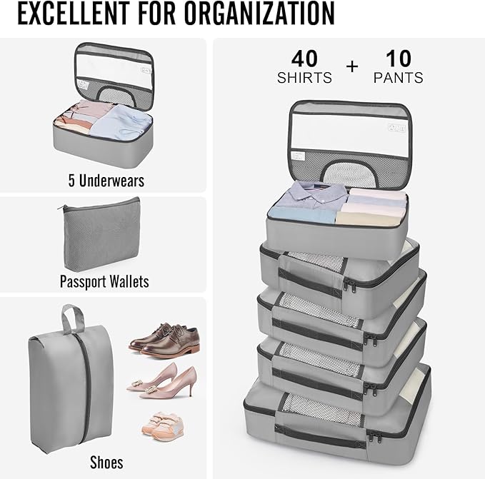 Veken 10 Set Packing Cubes for Travel Essentials,Anti-Wrinkle Buckled Suitcase Organizer for Shoe & Toiletry Bag,Carry On Luggage Bag for Airplane & College Dorm Room Accessories,Women Men Gifts