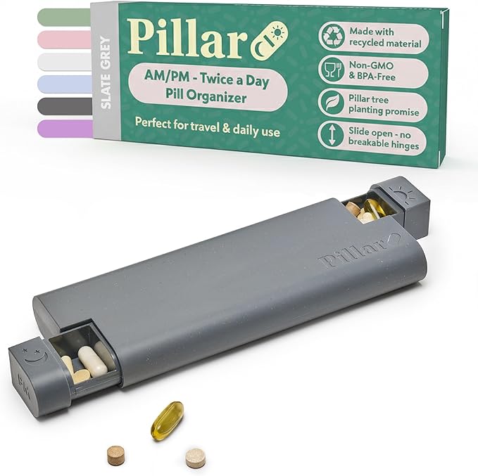 Pillar AM/PM Pill Box Organizer Two Times a Day | Aesthetic 7 Day Tablet Organizer 2 Times A Day | Beautiful Weekly Pill Box for Day and Night Medication (Slate Grey)