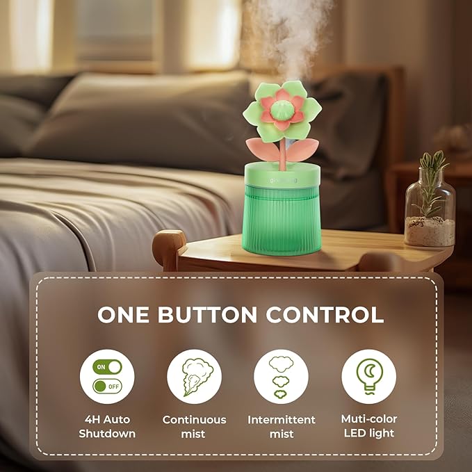 260ml Flower Mini Humidifier, Green Gardenia Desktop Small Humidifiers, Personal Cool Mist Humidification, USB Desk Humidifier for Bedroom, Office, Travel & Indoor Plants