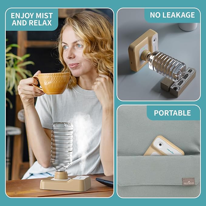Portable Humidifier, Rechargeable Water Bottle Humidifier for Travel Bedroom Office Desk Plants, Mini Cool Mist Humidifier Whisper Quiet 23dB with 2 Mist Modes & Auto Shut-Off, Khaki/w