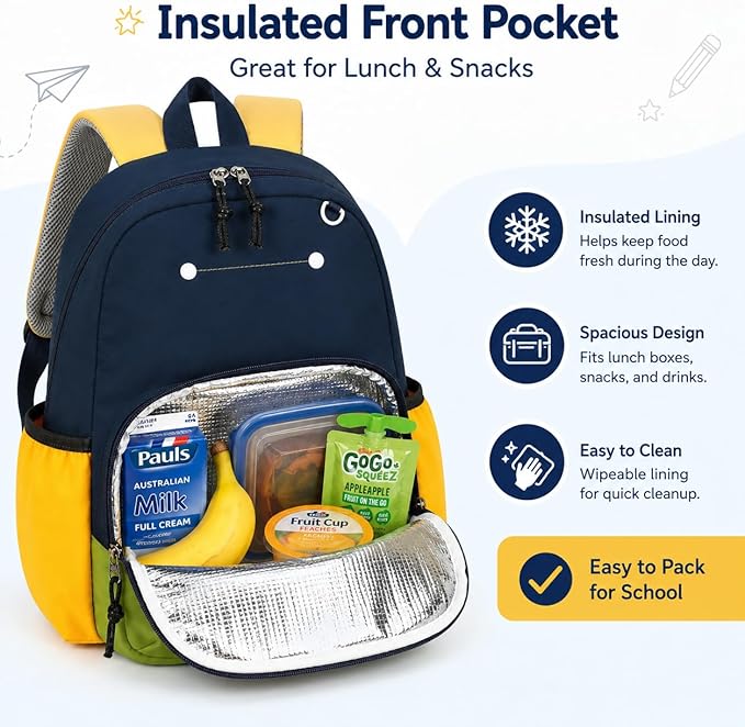 BTOOP Kids Backpack for Boys 3-6, Preschool Kindergarten Backpack with Insulated Lunch Compartment & Chest Strap, Cute Lightweight School Travel Bag Fits A4 Folder