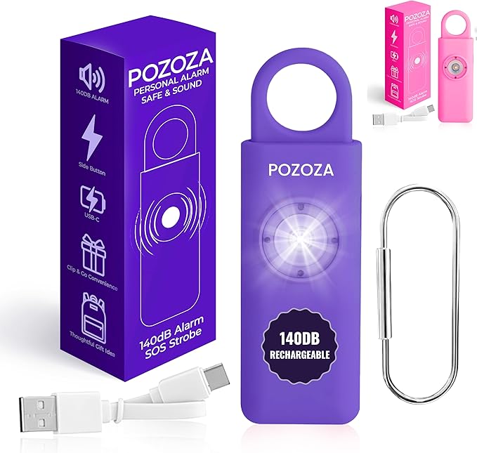 140dB Loudest USB-C Rechargeable Personal Alarm Keychain for Women – Low Battery Indicator, Strobe Light & Panic Button for Self Defense Weapons, Seniors & Travel Safety Essentials (Violet)
