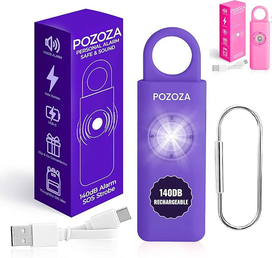 140dB Loudest USB-C Rechargeable Personal Alarm Keychain for Women – Low Battery Indicator, Strobe Light & Panic Button for Self Defense Weapons, Seniors & Travel Safety Essentials (Violet)