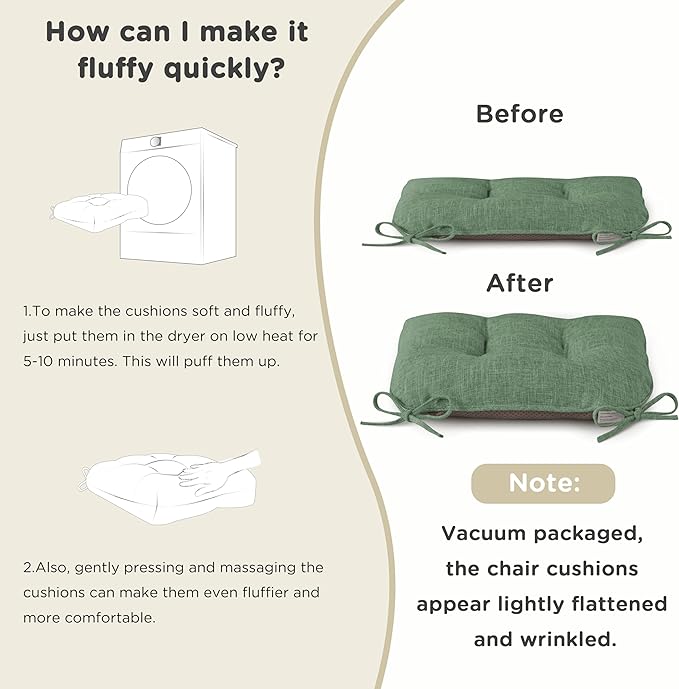AddGrace Chair Cushions for Dining Chairs Set of 2 Kitchen Seat Cushions with Ties and Non Slip Backing Tufted Indoor Seat Pad for Kitchen Dining Room 18" x 17" x 3" Sage Green