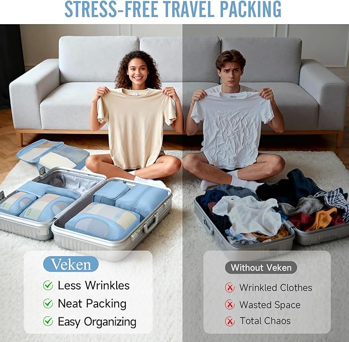 Veken 8 Set Packing Cubes for Travel Essentials,Anti-Wrinkle Buckled Suitcase Organizer for Shoe & Toiletry Bag,Carry On Luggage Bag for Airplane & College Dorm Room Accessories,Women Men Gifts