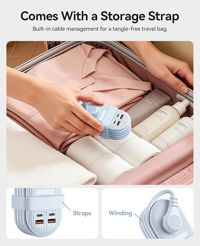 ORICO 22.5W Travel Power Strip, 7 in 1 Charging Station with 3AC, 2 USB-A, 2 USB-C, 4ft Extension Cord, Flat Plug Fashion Essential for Cruise Ship/Travel/Home/Office/Dorm -TK22