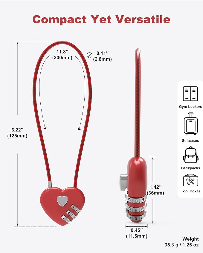 Small Combination Lock, Cable Locks with Combination, Cute Padlock with Code, Long Combo Cable Padlock for Luggage, Suitcase, Cabinet, Pool Gate, French Fridge Door, Motorcycle Helmet