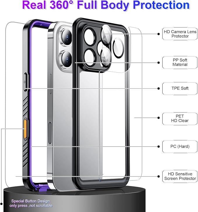 Compatible with iPhone 16 Pro Case Waterproof, Built-in Screen & Camera Protector IP68 Underwater Full Body 16FT Military Dropproof Shockproof Phone Case 6.3"-Purple/Clear