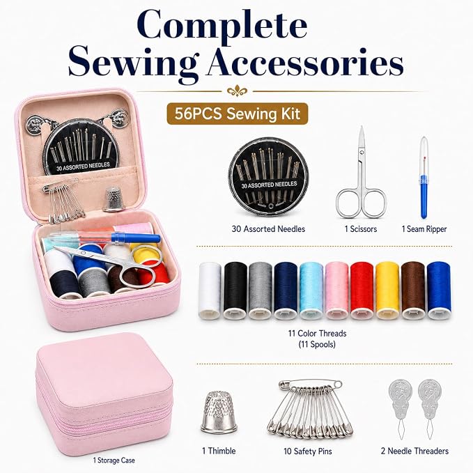 56-Piece Portable Travel Sewing Kit - Compact Emergency Sewing Kit Box with Zipper Fix Tools - Small Sewing Supplies and Accessories for Home Use & Quick Stitch Solutions(Pink)
