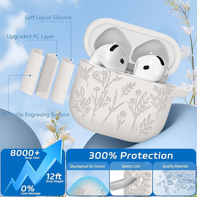 for Airpods 4 Case, Ekoonpft Flower Engraved Cases for Apple AirPods 4th Generation 2024, Soft Silicone Cover for Women Girly with 3-in-1 Cleaner Kit, Keychain, Military Grade Protection
