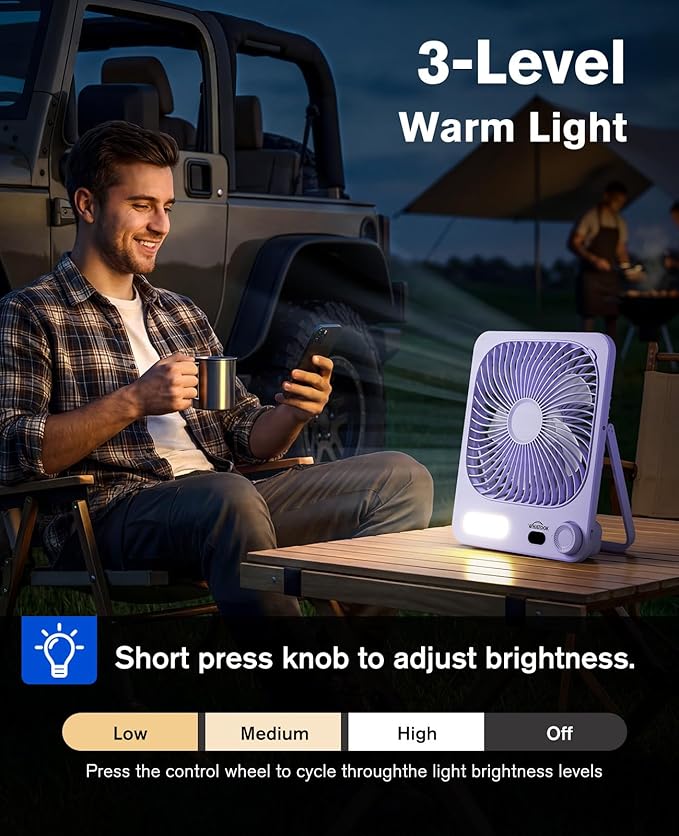 WHATOOK Large Travel Fan Rechargeable - 10000mAh Battery Operated Portable Fan with 100 Speeds & Night Light, Ultra Quiet Personal Desk Fan for Bedroom, Office, Camping & RV Tent (Purple)