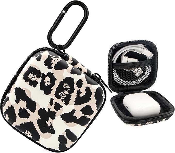 Earbud Case,Headphone Organizer Earbud Storage Bag, Hard EVA Shockproof Cover Carrying Case with Carabiner Clip Compatible with AirPods 4 AirPods Pro 2nd /3/2/1 Bose Galaxy Buds (Leopard)