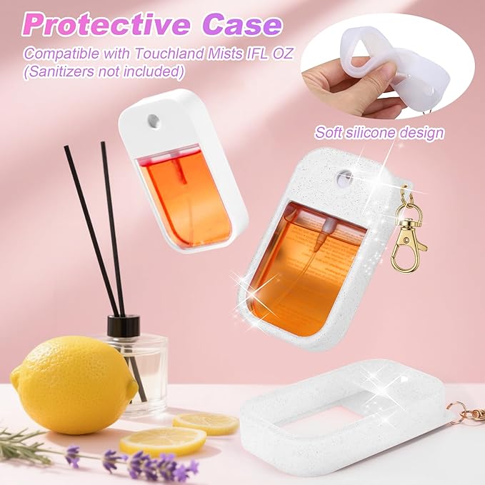 AIERSA 2Pcs Hand Sanitizer Spray Case Compatible with Touchland,Rabbit Ears Design Silicone Hand Sanitizer Case Holder with Keychain for Touch Land Mist Case 1FL. OZ（White+Blush Beige