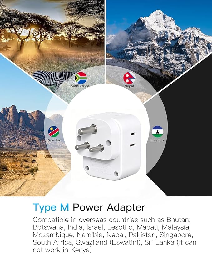 South Africa Travel Plug Adapter 2 Pack, HANYCONY Type M Power Adapter with 4 AC Outlets 4 USB Ports(2 USB C) for US to Botswana Namibia Nepal Bhutan Sri Lanka