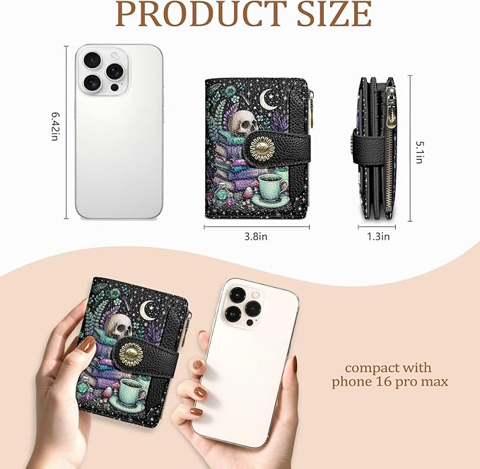 Icycay Goth Gothic Skull Small Wallet Women RFID Blocking Bifold, Credit Card Holder, Zipper Coin Pocket, PU Leather, Funny Witchy, Compact, Travel, 4 ID Window 14 Card Slots, Cash Purse, Ladies Woman