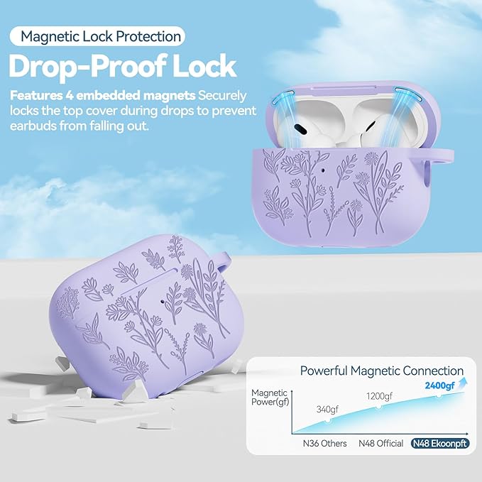 for AirPods Pro 2 Case with Magnetic Lid, Ekoonpft Flower Engraved Silicone Case for Apple AirPods Pro 2nd/1st Generation (2023/2022/2019) Cover with Cleaning Kit & Keychain