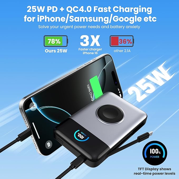 Ekrist Magnetic Portable Charger for MagSafe with Built-in Cable,iWatch Charger,Wireless Power Bank Travel Essentials,25W Fast Charging Battery Pack for iPhone 17/16/15,Apple Watch(Sliver,10800mAh)