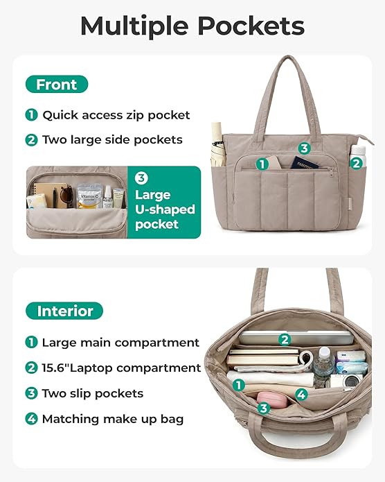 BAGSMART Tote Bag for Women, 2 Set Tote Bag with Zipper, Quilted Nurse Handbags for Work Travel College | 20L Capacity