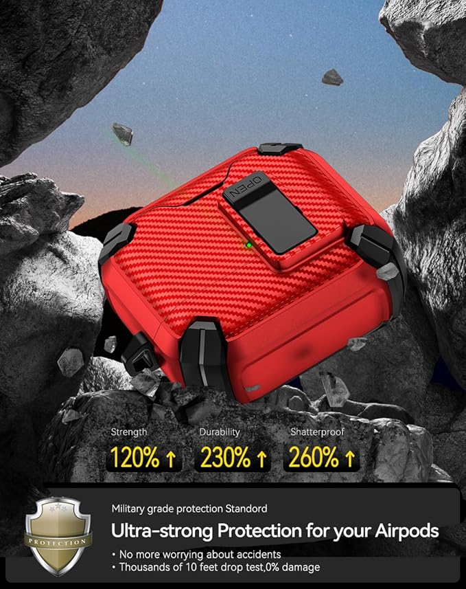 Pohgelan Compatible with AirPods 4 Case,Magnetic Automatic Lock with Phone Stand & Cleaning Kit,Compatible with Magsafe,Carbon Fiber Texture Cover -Red