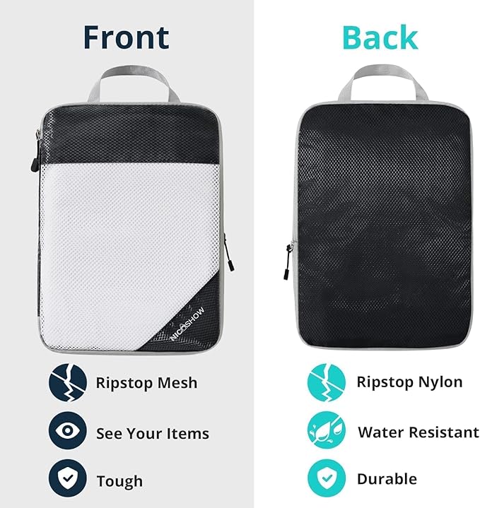NICOSHOW 7 Set Compression Packing Cubes for Travel - Compressible, Lightweight, and Space-Saving Packing Cubes, Travel Essentials for Women, Black