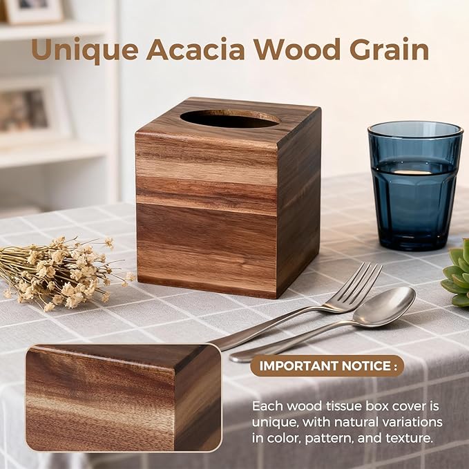 2 Pack Acacia Wood Tissue Box Cover, Square Tissue Box Holder with Slide-Out Bottom, Wooden Cube Tissue Covers Tissue Holders for Bathrooms Office Kitchen