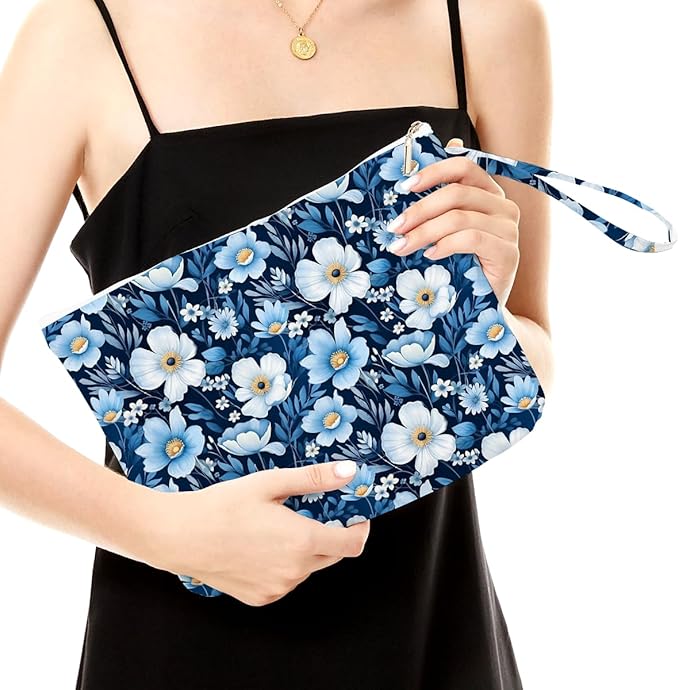 Fokongna Floral Print Wet Bag, Small Portable Waterproof Multi-Functional Organizer for Women, Ideal for Daily, Beach & Travel, Nautical Blue Daisy