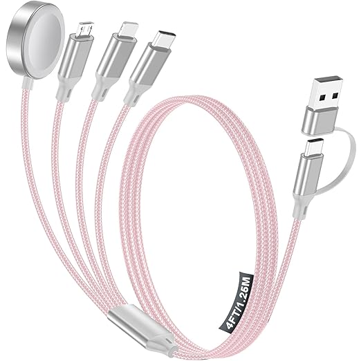 Travel Essentials,Multi Charging Cable for Apple Watch Charger/iPhone Charger/Samsung Charger,USB A & Type C Power Cable for iWatch Ultra/10-2/iPhone 17-11/Samsung S26,Serial Cables,Car[1.2M]-Pink