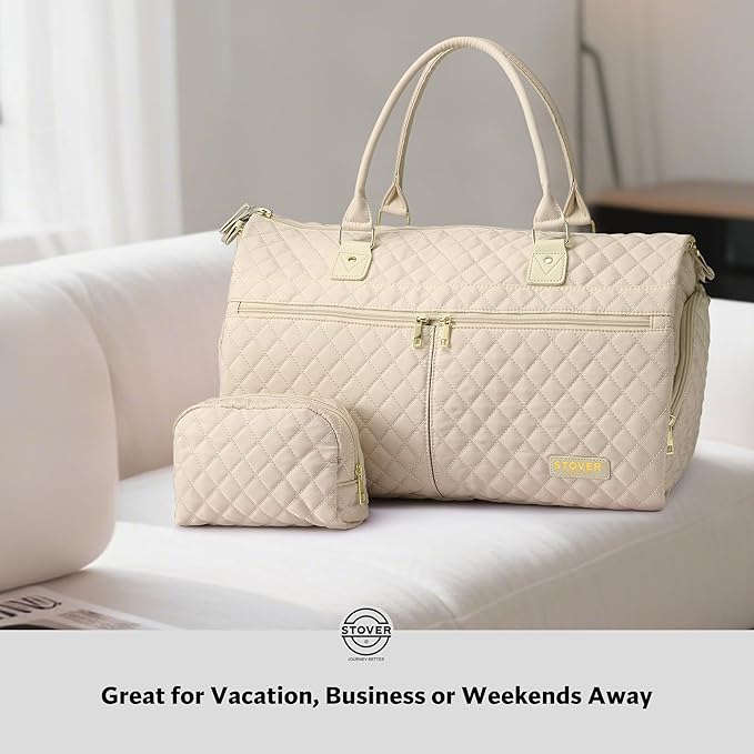 STOVER Women’s Convertible Garment Duffel Bag for Travel – 2-in-1 Carry-On Weekender/Overnight Tote - Wrinkle-Free Dresses, Suits & Clothes + Shoe Compartment & Bonus Toiletry Bag (Cashmere Cream)