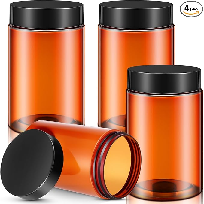 Patelai 4 Pieces Round Wide-mouth Leak Proof Plastic Container Jars with Lids for Travel Storage Makeup Beauty Products Face Creams Oils Salves Ointments DIY Making(12 Ounce,Amber)